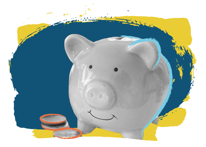 Piggy bank and coins