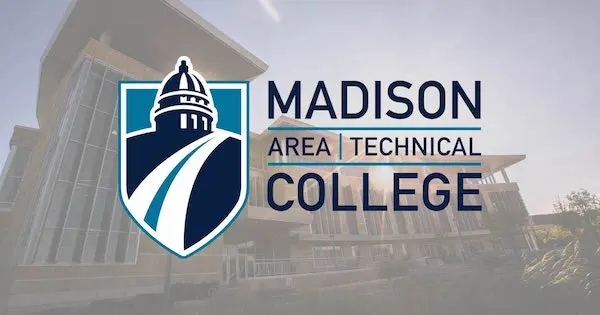 Madison College Logo over campus building.